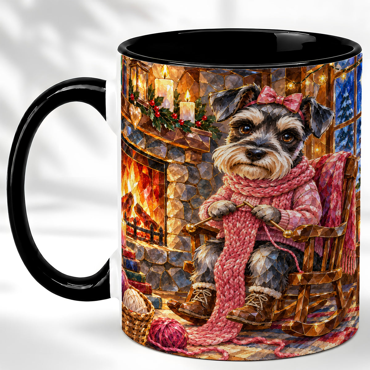 #pl[11oz|Black] Schnauzer Knitting Coffee Mug, Cozy Winter Dog Mug, Ceramic Cup