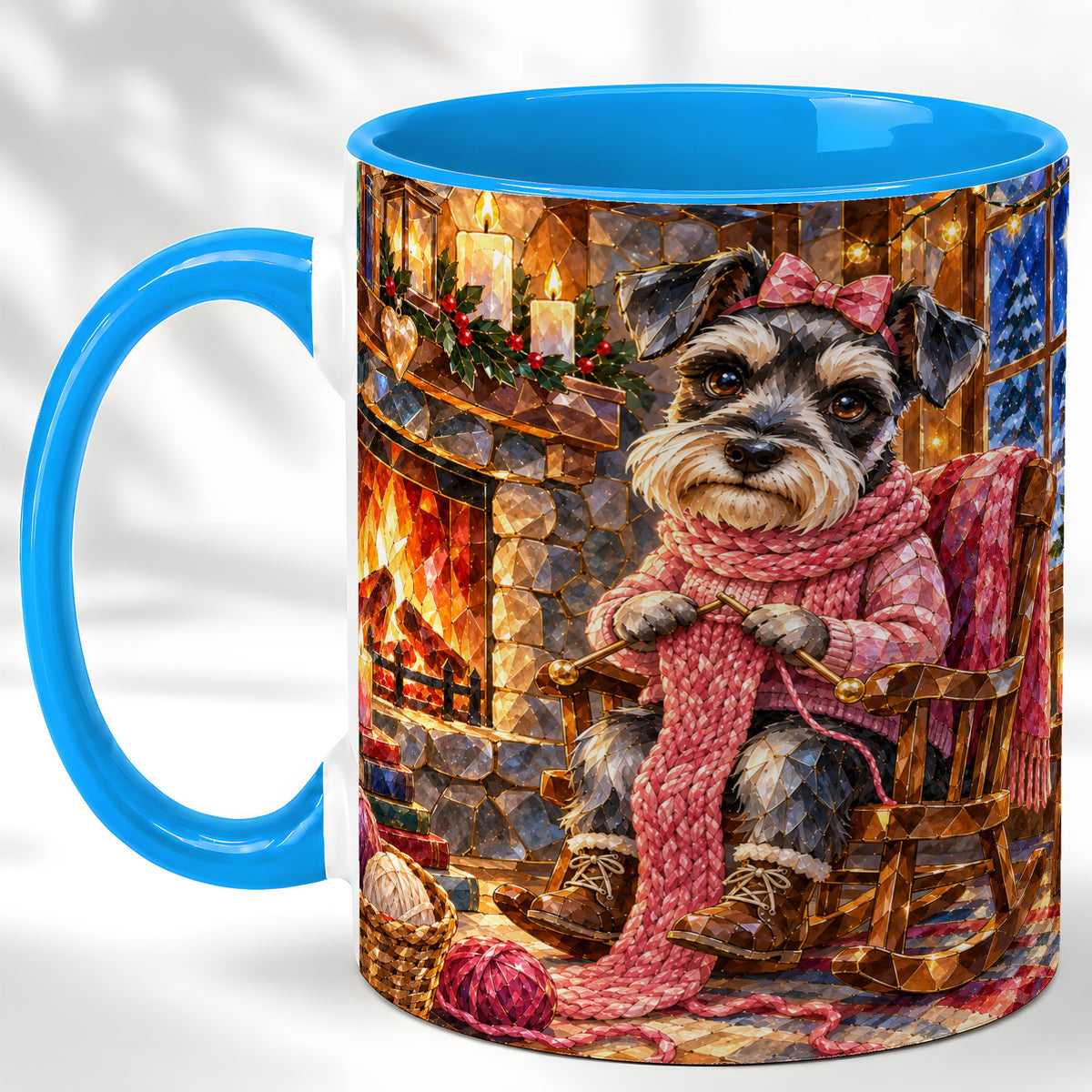 #pl[11oz|Blue] Schnauzer Knitting Coffee Mug, Cozy Winter Dog Mug, Ceramic Cup