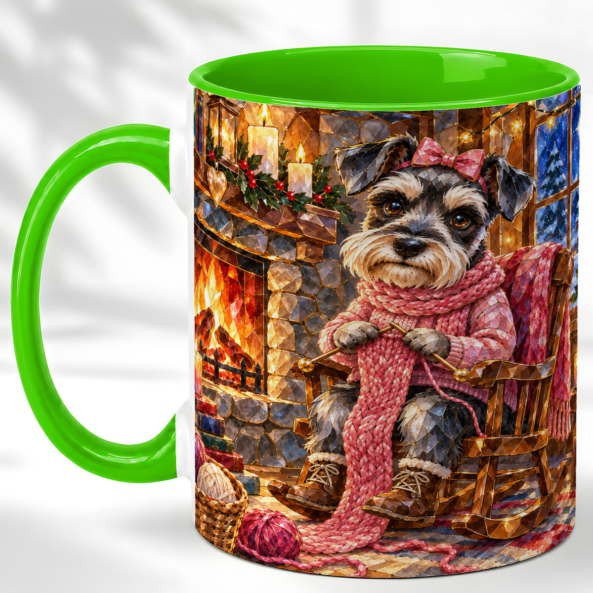 #pl[11oz|Green] Schnauzer Knitting Coffee Mug, Cozy Winter Dog Mug, Ceramic Cup