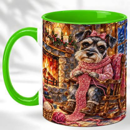 #pl[11oz|Green] Schnauzer Knitting Coffee Mug, Cozy Winter Dog Mug, Ceramic Cup