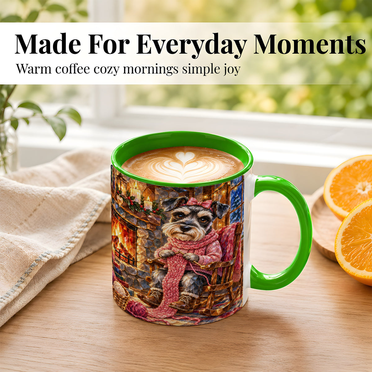 #pl[11oz|Green] Schnauzer Knitting Coffee Mug, Cozy Winter Dog Mug, Ceramic Cup