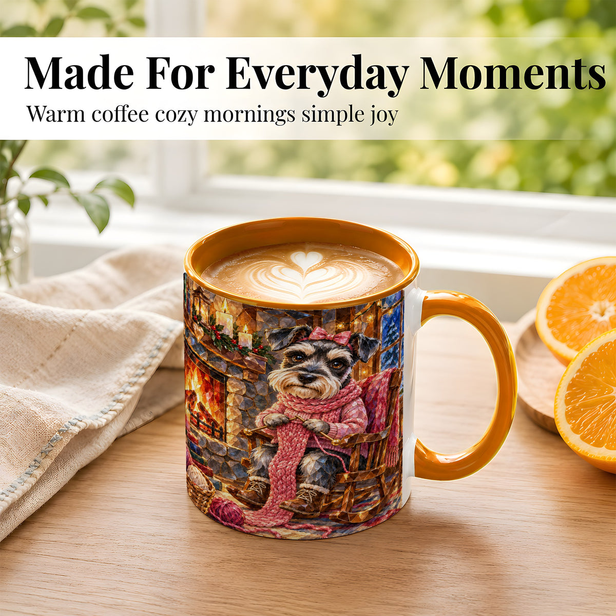 #pl[11oz|Orange] Schnauzer Knitting Coffee Mug, Cozy Winter Dog Mug, Ceramic Cup