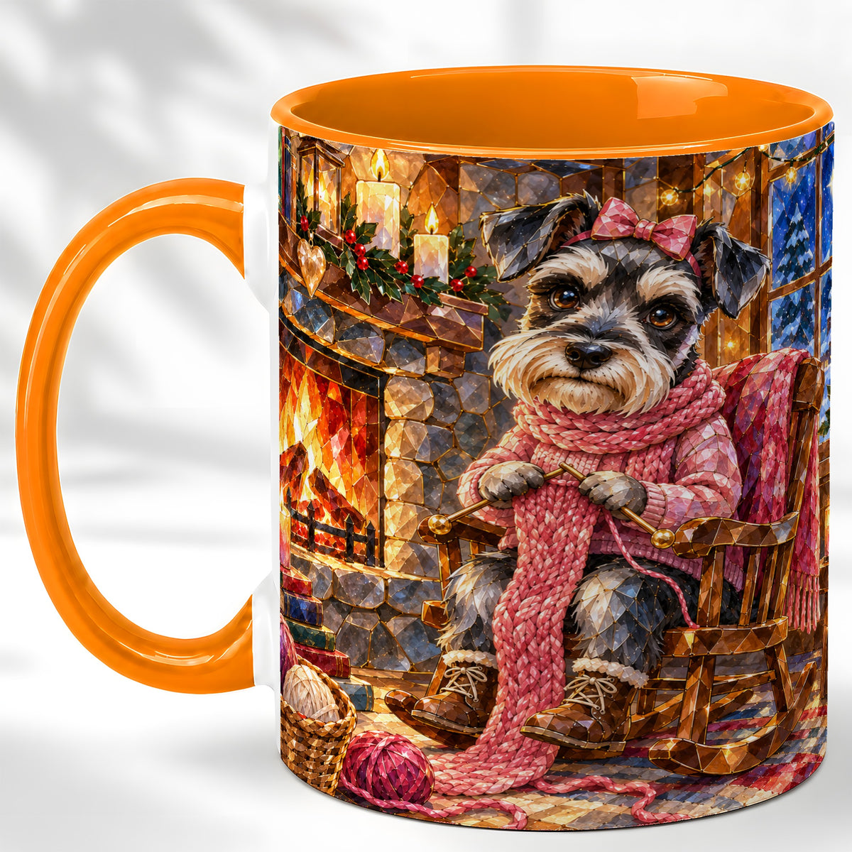 #pl[11oz|Orange] Schnauzer Knitting Coffee Mug, Cozy Winter Dog Mug, Ceramic Cup
