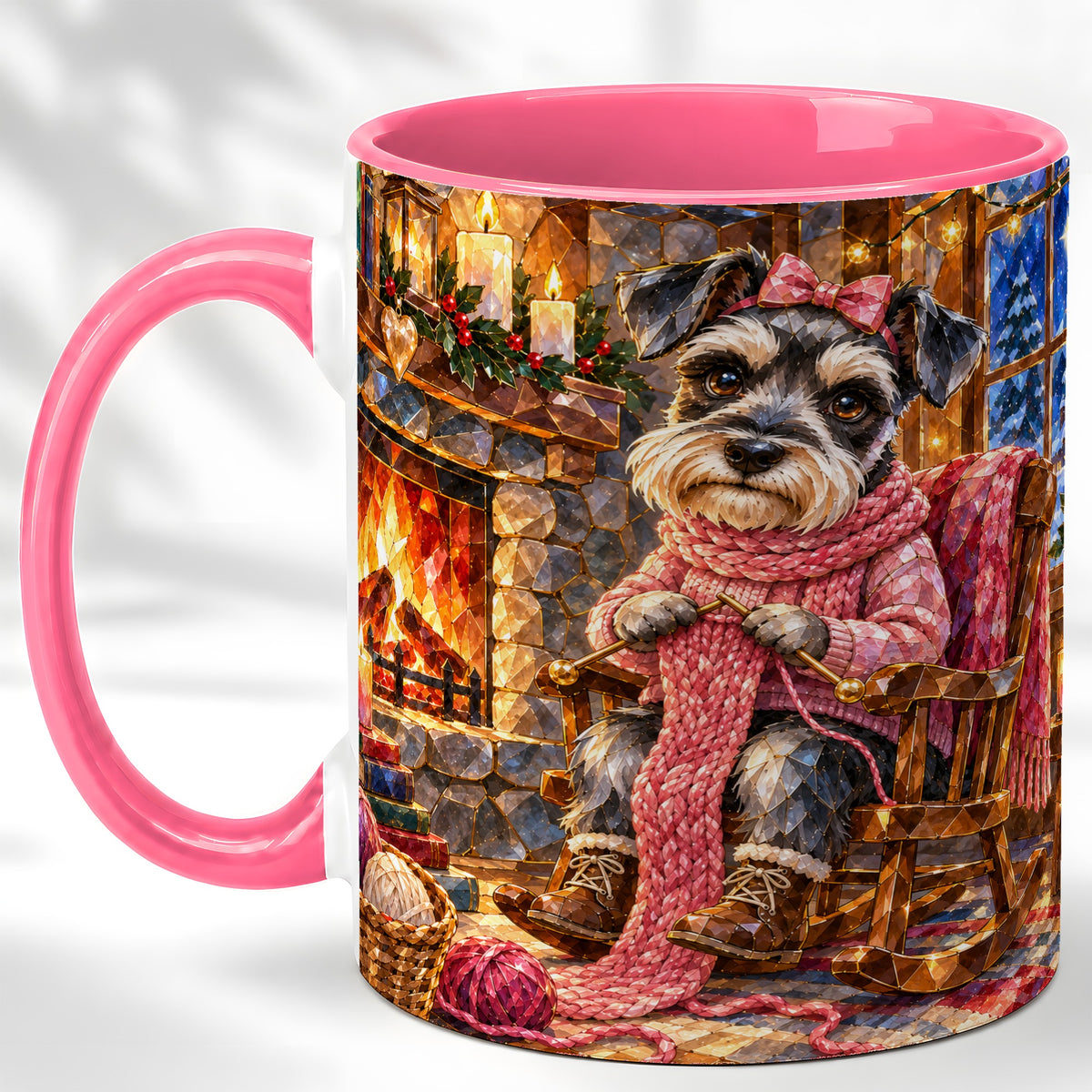 #pl[11oz|Pink] Schnauzer Knitting Coffee Mug, Cozy Winter Dog Mug, Ceramic Cup