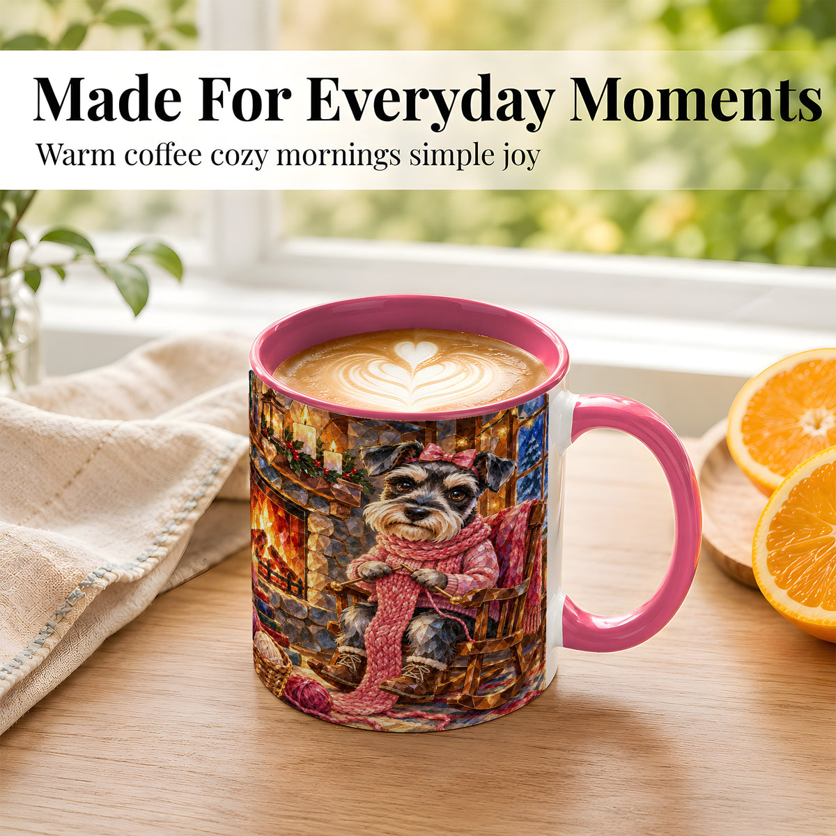 #pl[11oz|Pink] Schnauzer Knitting Coffee Mug, Cozy Winter Dog Mug, Ceramic Cup