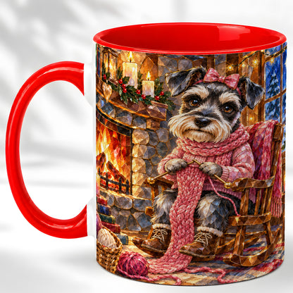 Schnauzer Knitting Coffee Mug, Cozy Winter Dog Mug, Ceramic Cup