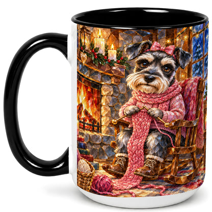 #pl[15oz|Black] Schnauzer Knitting Coffee Mug, Cozy Winter Dog Mug, Ceramic Cup