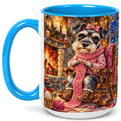 #pl[15oz|Blue] Schnauzer Knitting Coffee Mug, Cozy Winter Dog Mug, Ceramic Cup
