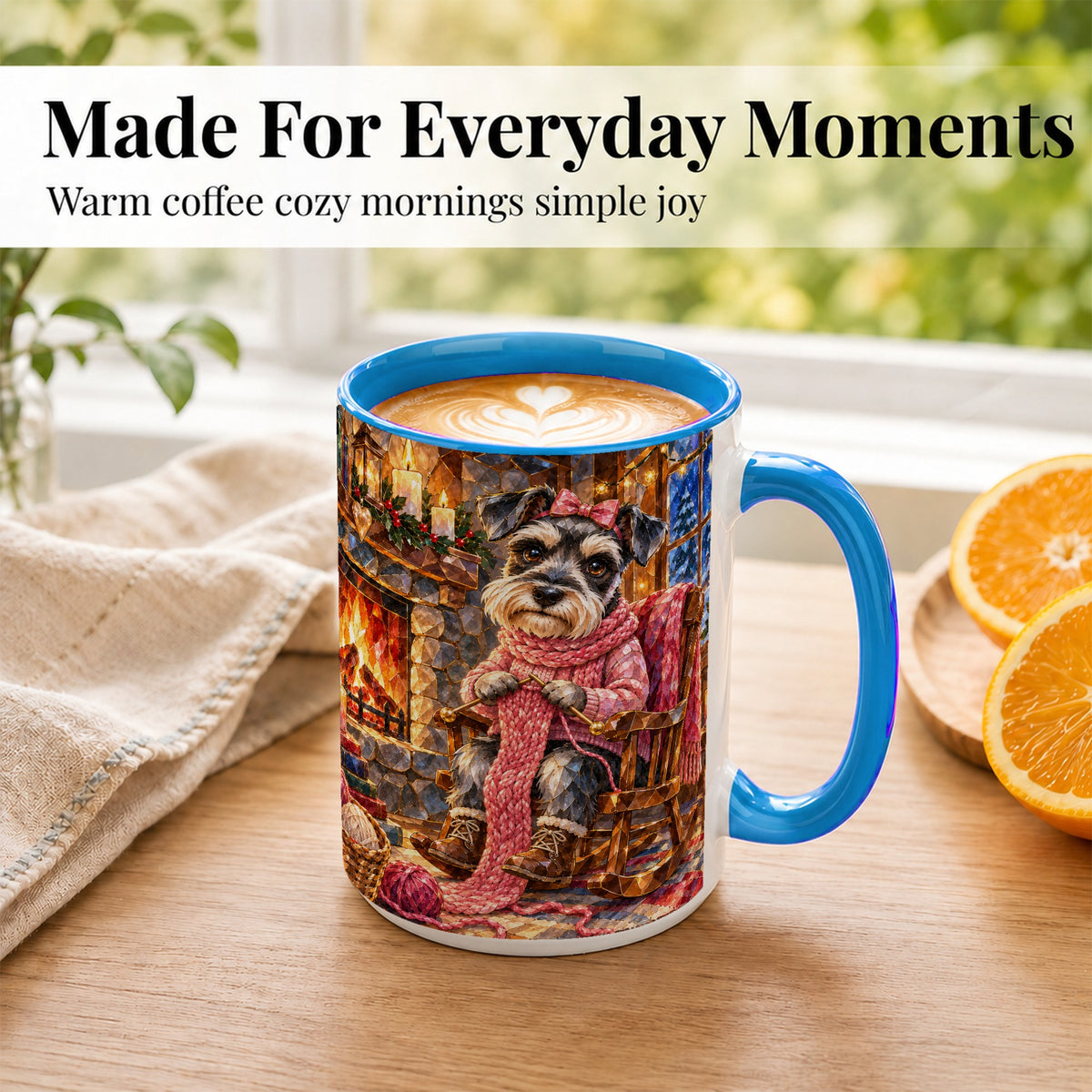 #pl[15oz|Blue] Schnauzer Knitting Coffee Mug, Cozy Winter Dog Mug, Ceramic Cup