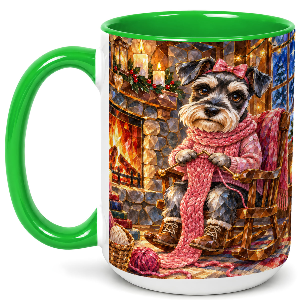 #pl[15oz|Green] Schnauzer Knitting Coffee Mug, Cozy Winter Dog Mug, Ceramic Cup