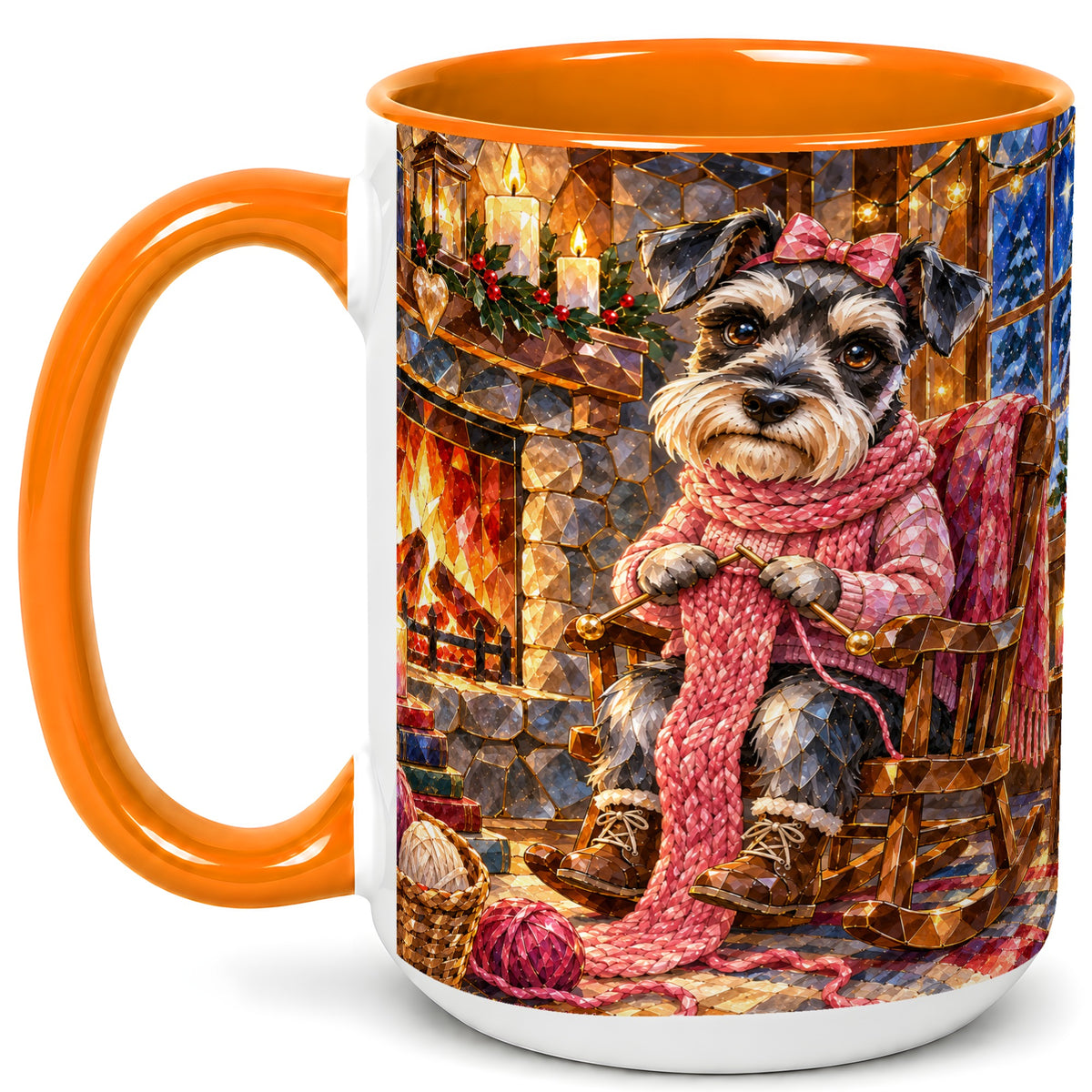 #pl[15oz|Orange] Schnauzer Knitting Coffee Mug, Cozy Winter Dog Mug, Ceramic Cup