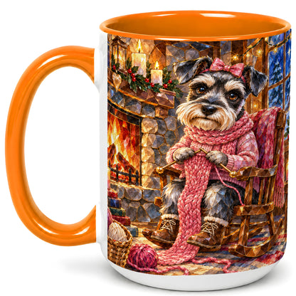 #pl[15oz|Orange] Schnauzer Knitting Coffee Mug, Cozy Winter Dog Mug, Ceramic Cup