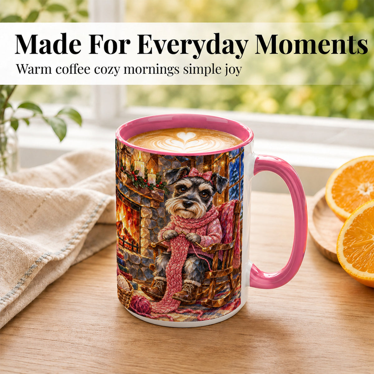#pl[15oz|Pink] Schnauzer Knitting Coffee Mug, Cozy Winter Dog Mug, Ceramic Cup