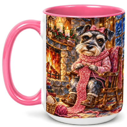 #pl[15oz|Pink] Schnauzer Knitting Coffee Mug, Cozy Winter Dog Mug, Ceramic Cup