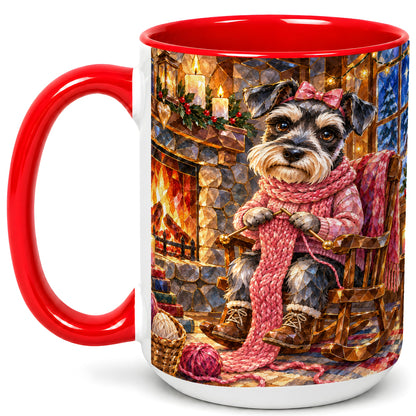 #pl[15oz|Red] Schnauzer Knitting Coffee Mug, Cozy Winter Dog Mug, Ceramic Cup