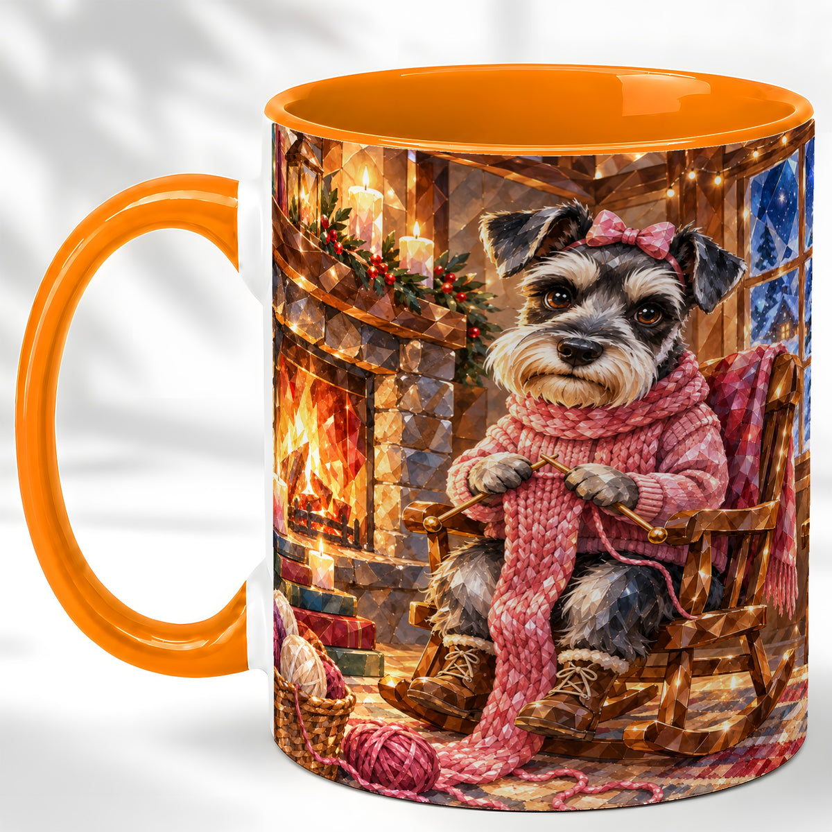 #pl[11oz|Orange] Schnauzer Pink Bow Coffee Mug, Knitting Dog Mug, Ceramic Cup