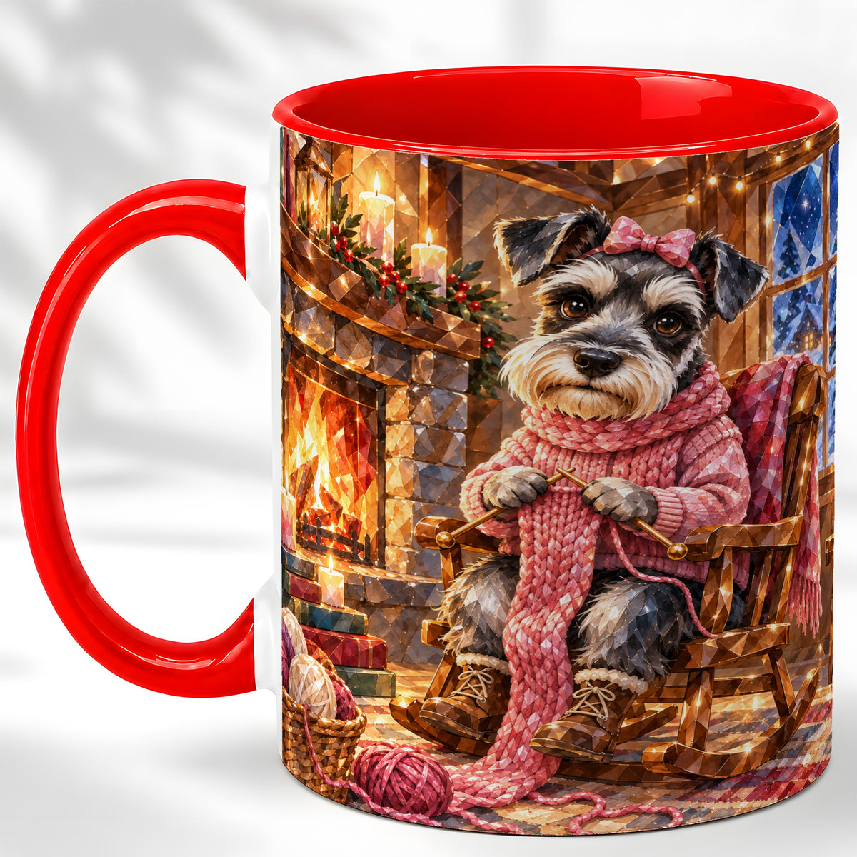 Schnauzer Pink Bow Coffee Mug, Knitting Dog Mug, Ceramic Cup