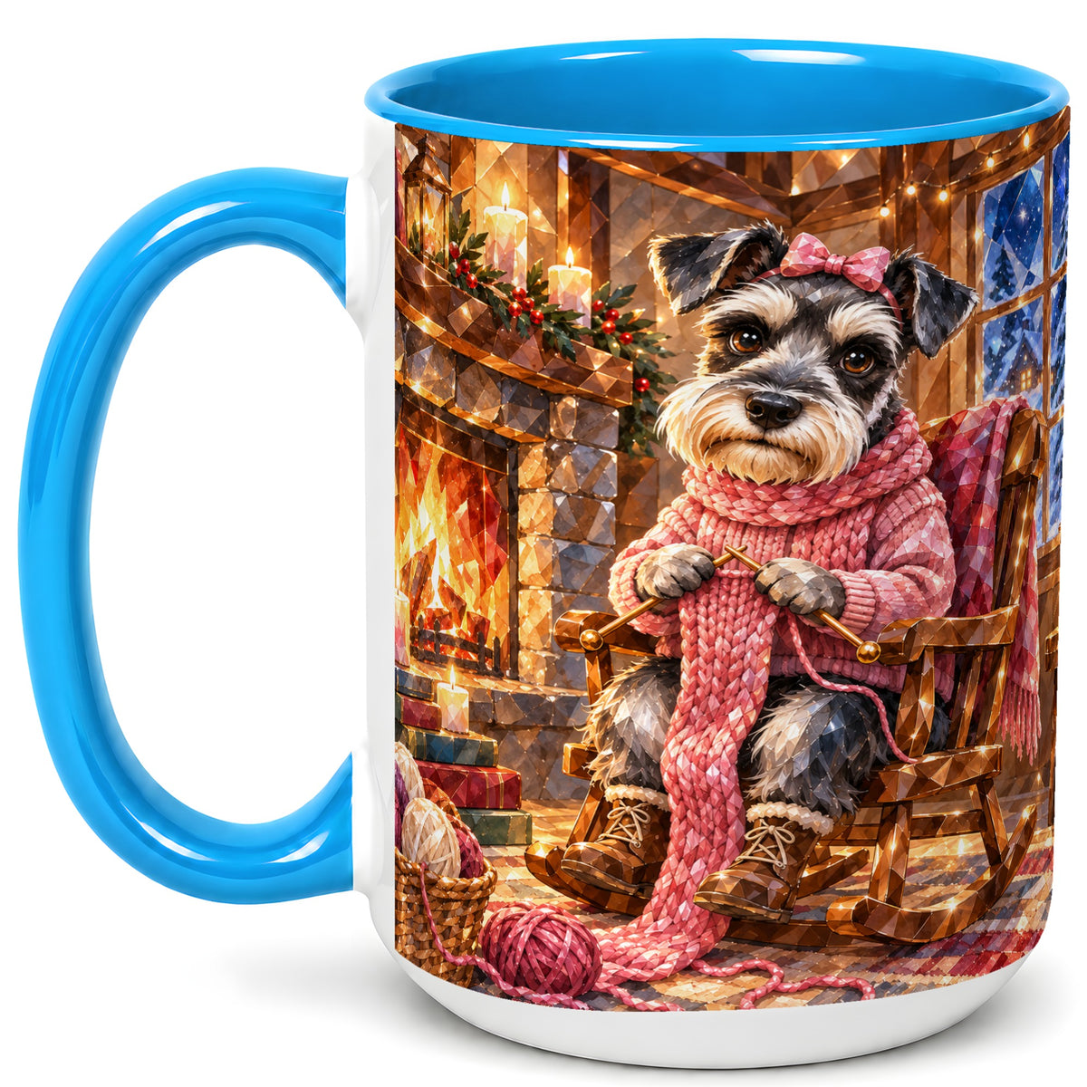 #pl[15oz|Blue] Schnauzer Pink Bow Coffee Mug, Knitting Dog Mug, Ceramic Cup