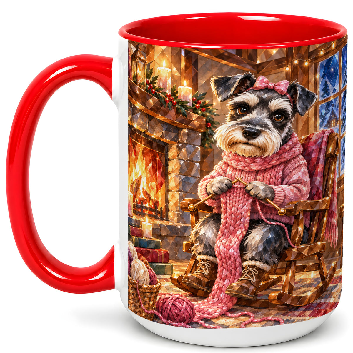 #pl[15oz|Red] Schnauzer Pink Bow Coffee Mug, Knitting Dog Mug, Ceramic Cup