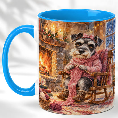 #pl[11oz|Blue] Schnauzer Coffee Mug, Knitting Dog Mug, Ceramic Cup, Cozy Winter Art