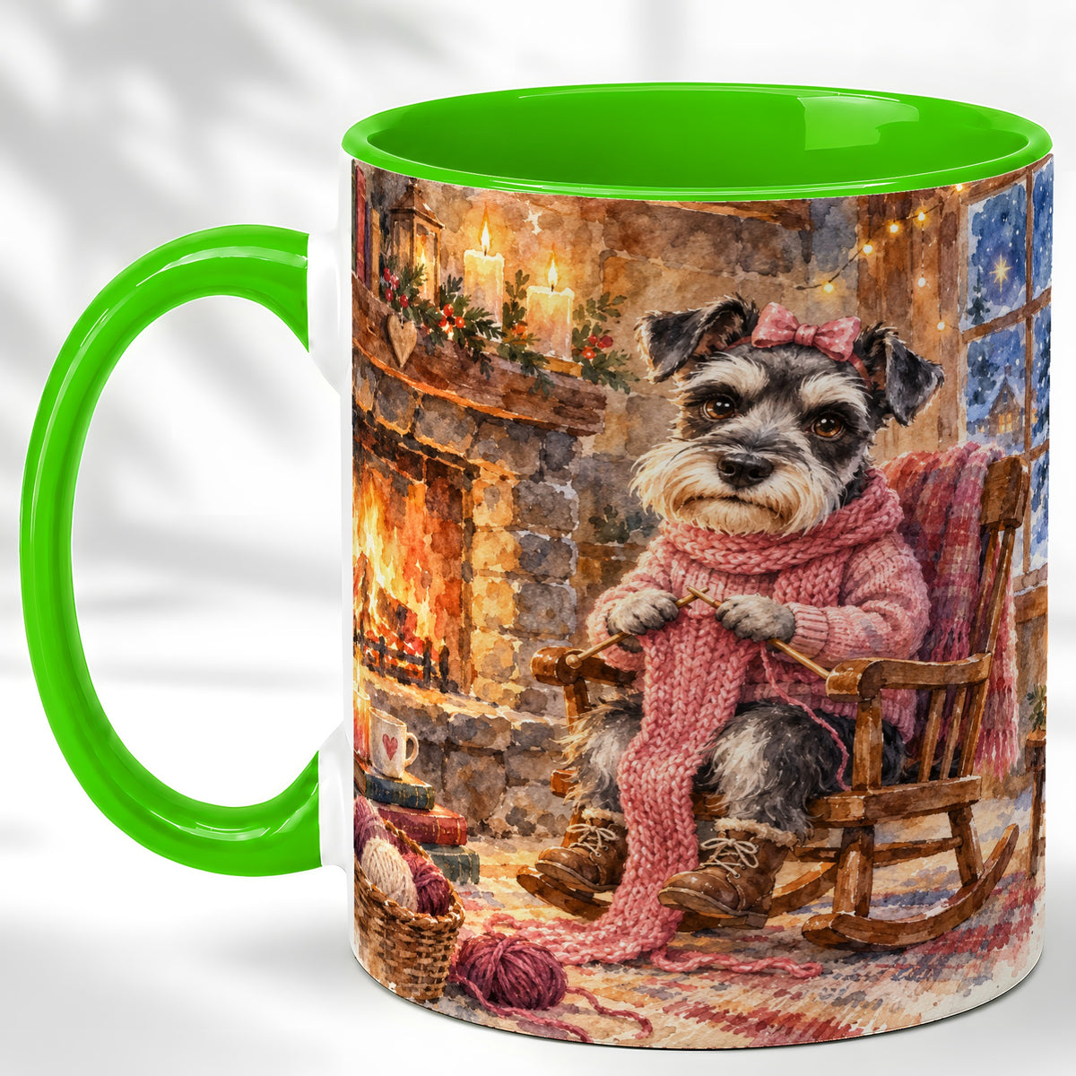 #pl[11oz|Green] Schnauzer Coffee Mug, Knitting Dog Mug, Ceramic Cup, Cozy Winter Art