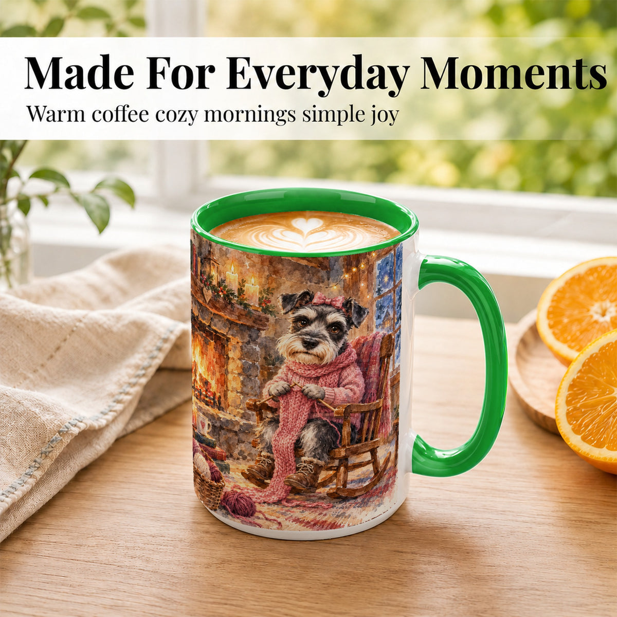 #pl[15oz|Green] Schnauzer Coffee Mug, Knitting Dog Mug, Ceramic Cup, Cozy Winter Art