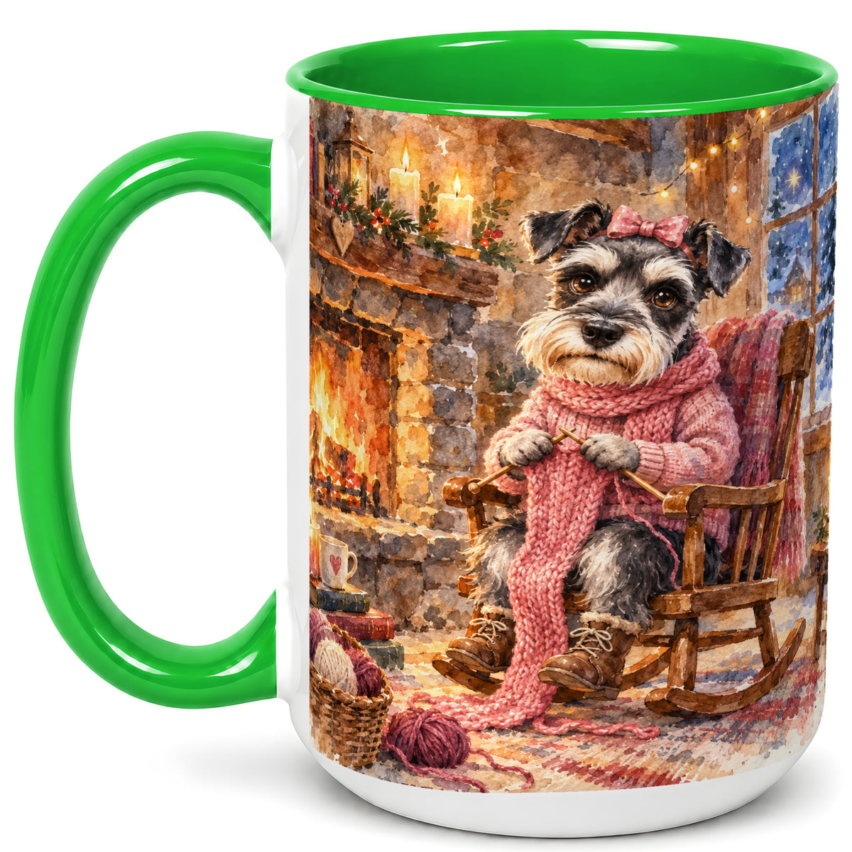 #pl[15oz|Green] Schnauzer Coffee Mug, Knitting Dog Mug, Ceramic Cup, Cozy Winter Art