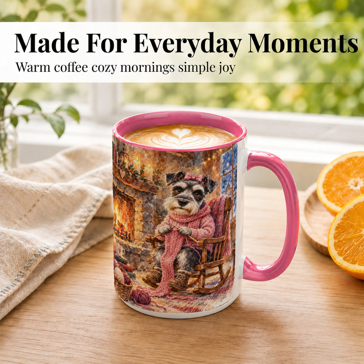 #pl[15oz|Pink] Schnauzer Coffee Mug, Knitting Dog Mug, Ceramic Cup, Cozy Winter Art