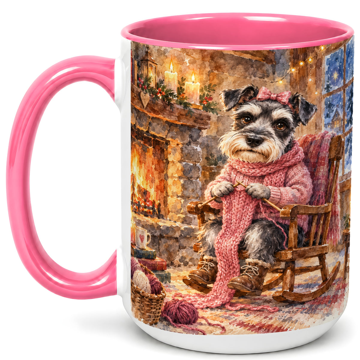 #pl[15oz|Pink] Schnauzer Coffee Mug, Knitting Dog Mug, Ceramic Cup, Cozy Winter Art