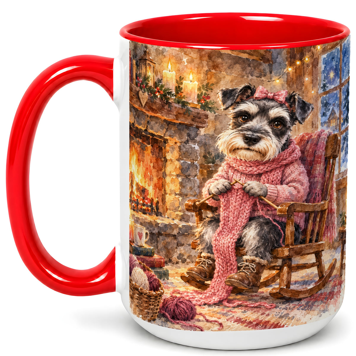 #pl[15oz|Red] Schnauzer Coffee Mug, Knitting Dog Mug, Ceramic Cup, Cozy Winter Art