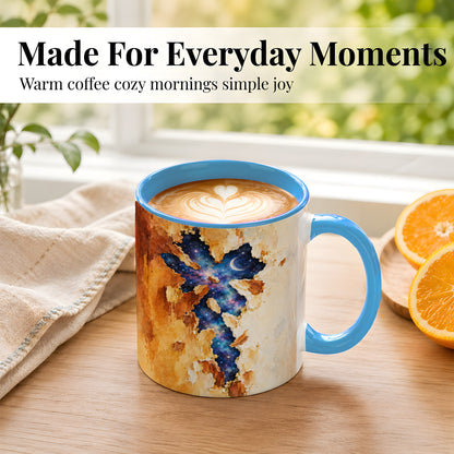 #pl[11oz|Blue] Galaxy Cross Coffee Mug, Watercolor Faith Mug, Ceramic Cup, Rustic Art