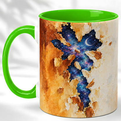 #pl[11oz|Green] Galaxy Cross Coffee Mug, Watercolor Faith Mug, Ceramic Cup, Rustic Art