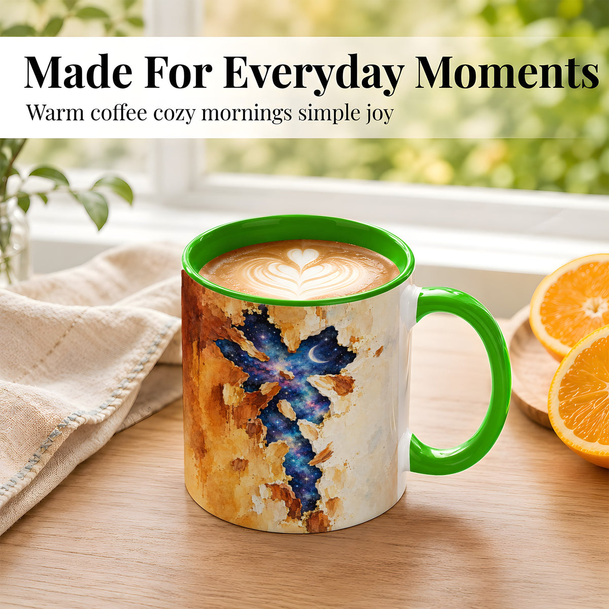 #pl[11oz|Green] Galaxy Cross Coffee Mug, Watercolor Faith Mug, Ceramic Cup, Rustic Art