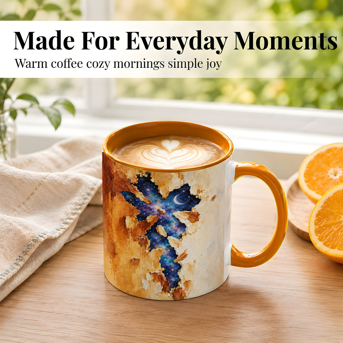 #pl[11oz|Orange] Galaxy Cross Coffee Mug, Watercolor Faith Mug, Ceramic Cup, Rustic Art