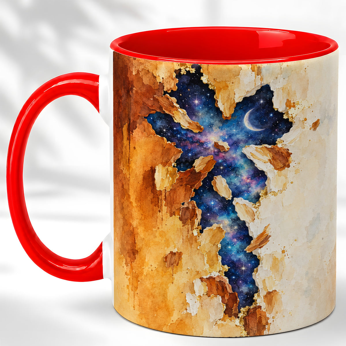 Galaxy Cross Coffee Mug, Watercolor Faith Mug, Ceramic Cup, Rustic Art