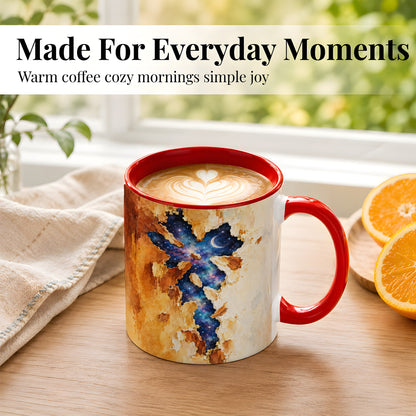 #pl[11oz|Red] Galaxy Cross Coffee Mug, Watercolor Faith Mug, Ceramic Cup, Rustic Art