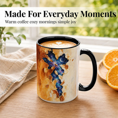 #pl[15oz|Black] Galaxy Cross Coffee Mug, Watercolor Faith Mug, Ceramic Cup, Rustic Art