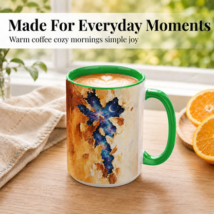 #pl[15oz|Green] Galaxy Cross Coffee Mug, Watercolor Faith Mug, Ceramic Cup, Rustic Art