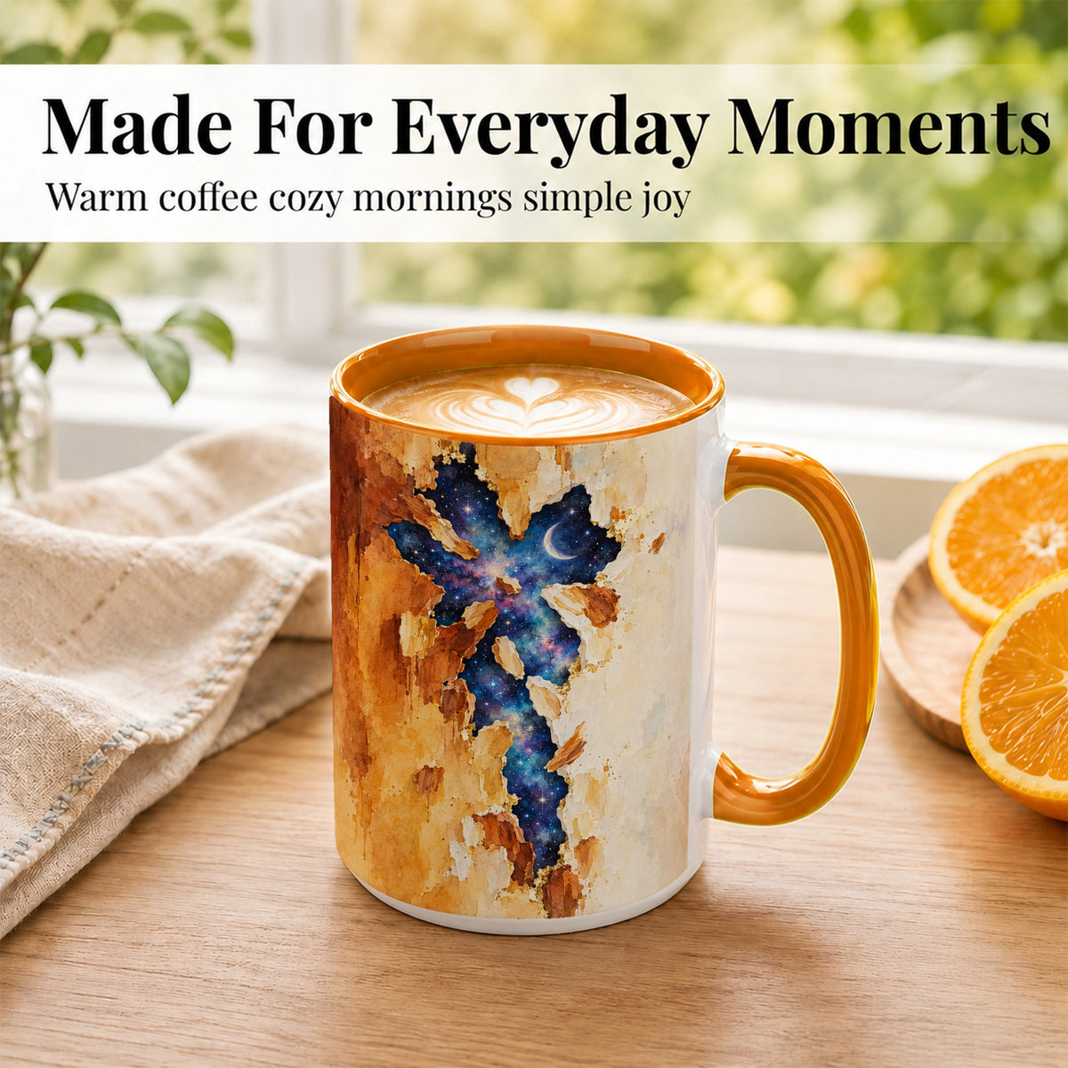 #pl[15oz|Orange] Galaxy Cross Coffee Mug, Watercolor Faith Mug, Ceramic Cup, Rustic Art