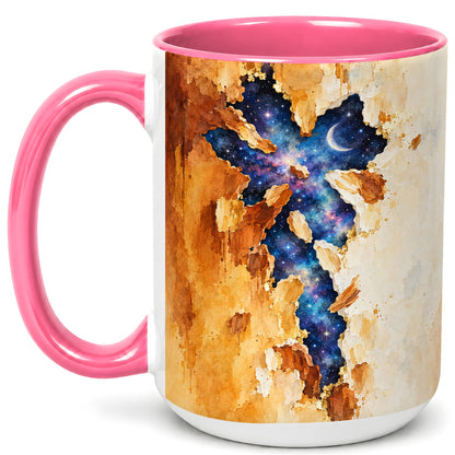 #pl[15oz|Pink] Galaxy Cross Coffee Mug, Watercolor Faith Mug, Ceramic Cup, Rustic Art