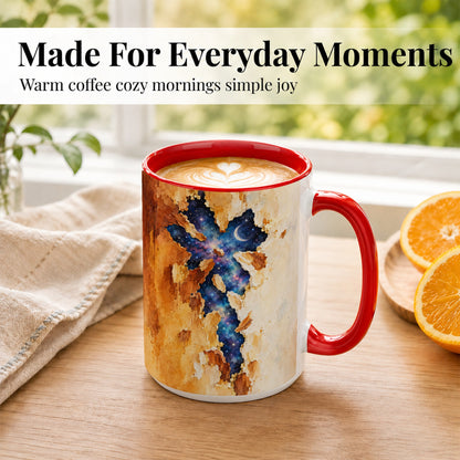 #pl[15oz|Red] Galaxy Cross Coffee Mug, Watercolor Faith Mug, Ceramic Cup, Rustic Art