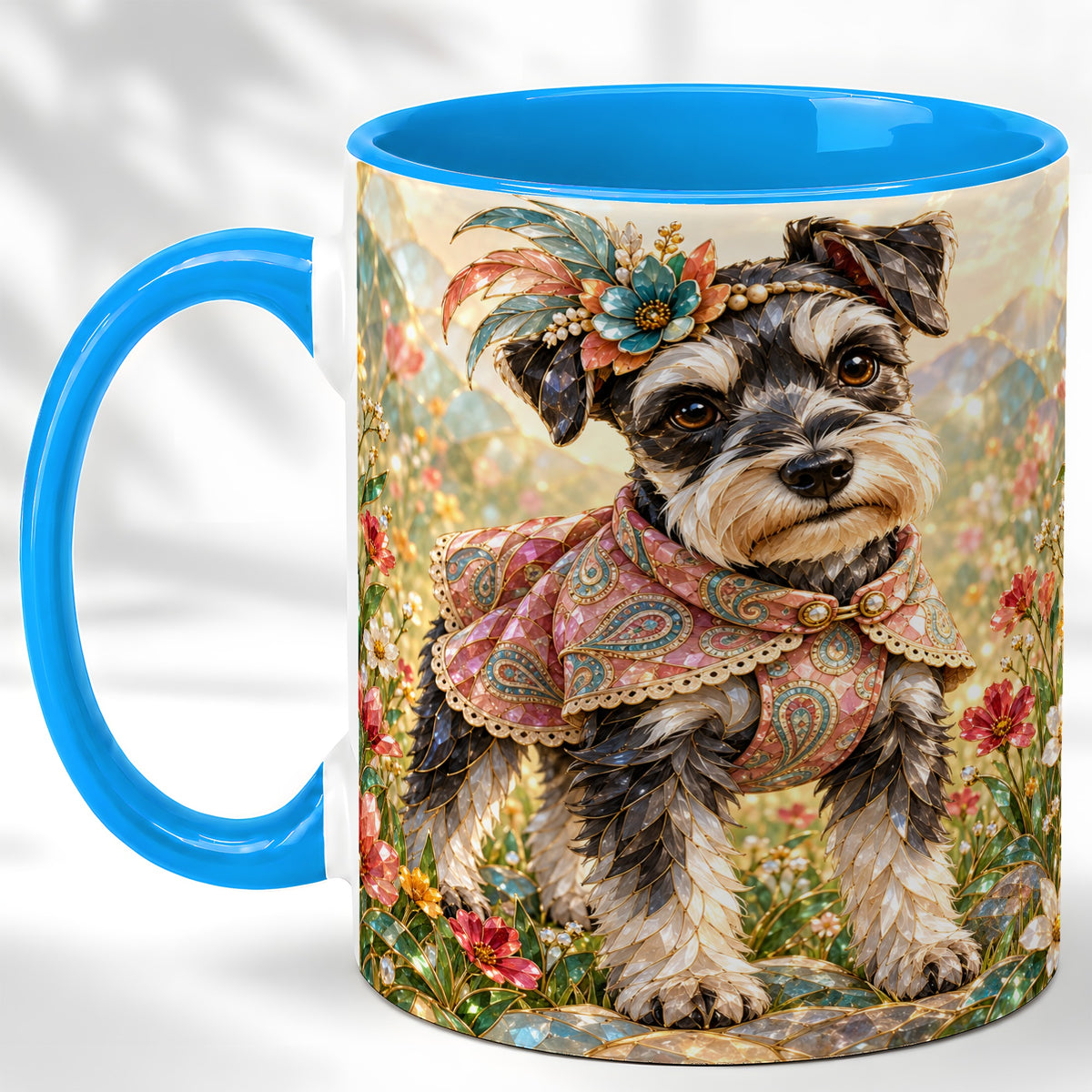 #pl[11oz|Blue] Schnauzer Coffee Mug, Floral Dog Mug, Ceramic Cup, Boho Mosaic Art