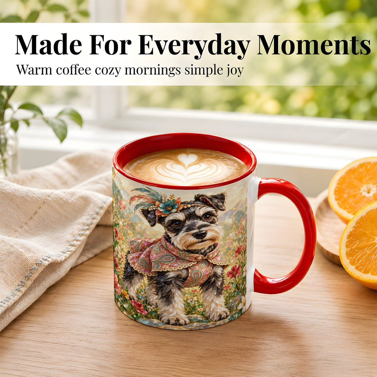 #pl[11oz|Red] Schnauzer Coffee Mug, Floral Dog Mug, Ceramic Cup, Boho Mosaic Art