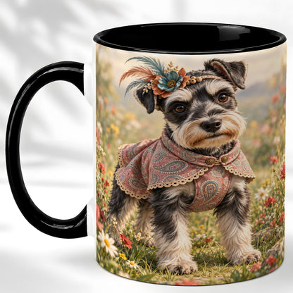 #pl[11oz|Black] Schnauzer Coffee Mug, Wildflower Dog Mug, Ceramic Cup, Boho Pet Art
