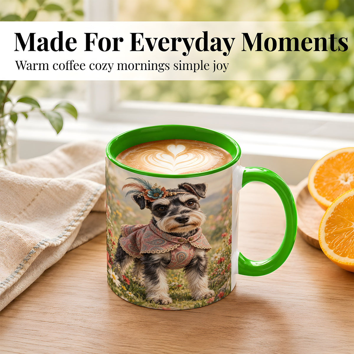 #pl[11oz|Green] Schnauzer Coffee Mug, Wildflower Dog Mug, Ceramic Cup, Boho Pet Art