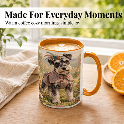 #pl[15oz|Orange] Schnauzer Coffee Mug, Wildflower Dog Mug, Ceramic Cup, Boho Pet Art