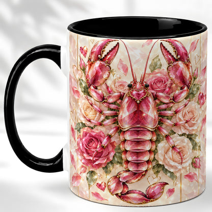 #pl[11oz|Black] Crystal Lobster Coffee Mug, Pink Floral Mug, Ceramic Cup, Rose Art