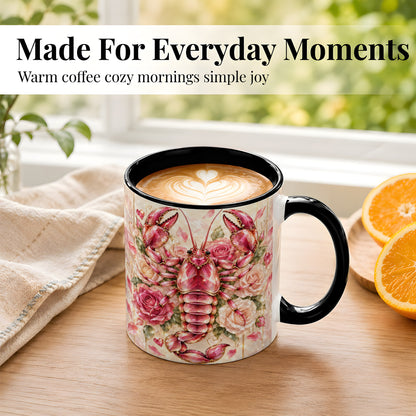 #pl[11oz|Black] Crystal Lobster Coffee Mug, Pink Floral Mug, Ceramic Cup, Rose Art