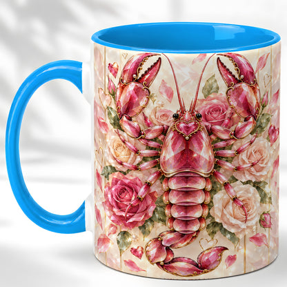 #pl[11oz|Blue] Crystal Lobster Coffee Mug, Pink Floral Mug, Ceramic Cup, Rose Art