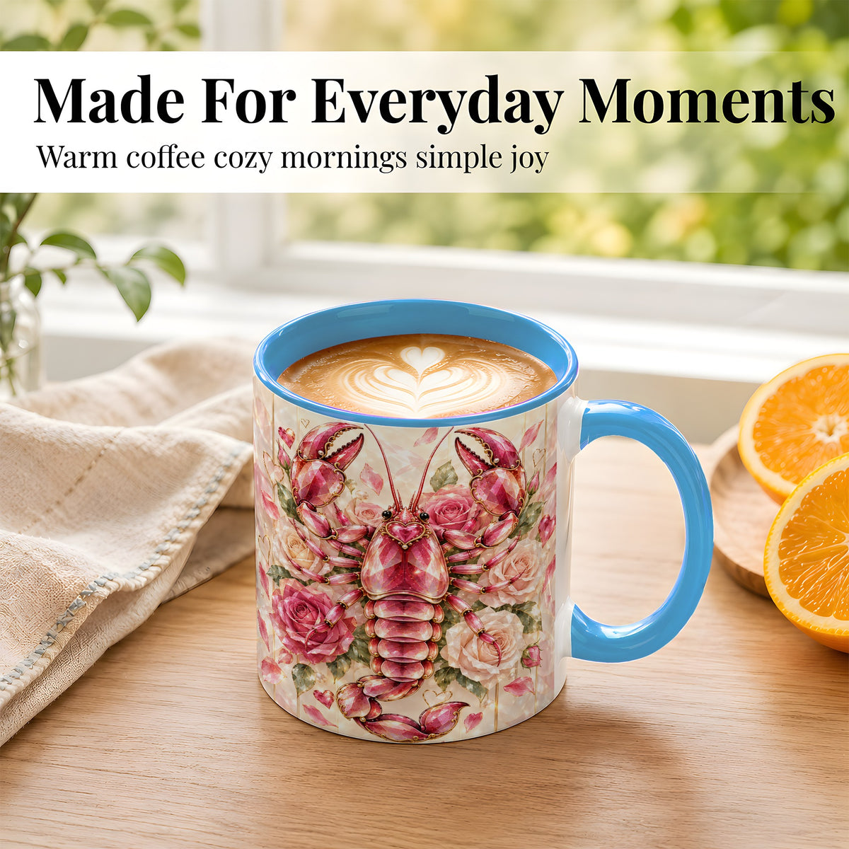 #pl[11oz|Blue] Crystal Lobster Coffee Mug, Pink Floral Mug, Ceramic Cup, Rose Art